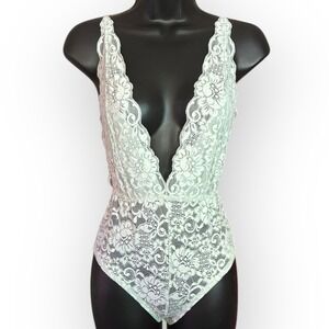 We Are HAH Something Blue Lace Bodysuit Deep V Neck Cross Back Lingerie S